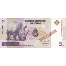 P86S Congo (Democratic Republic) -5 Franc Year 1997 (SPECIMEN)