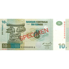 P87S Congo (Democratic Republic) -10 Franc Year 1997 (SPECIMEN)